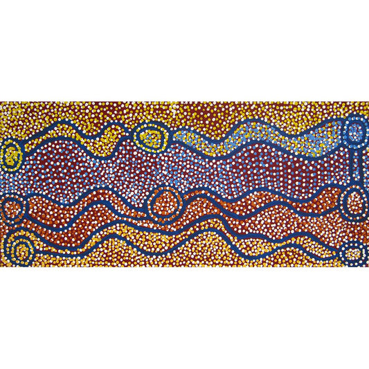 Shorty Jangala Roberston painting | 'Ngapa Jukurrpa' (Water Dreaming) 40x90cm - Mitchell Fine Art Gallery - Brisbane